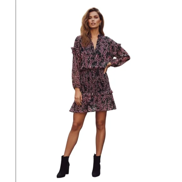 Women's AQUA Black Pink Floral Smocked Mini Dress S - Picture 1 of 9